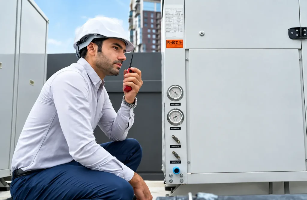 Rooftop HVAC Technician Inspecting Equipment